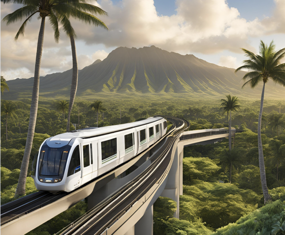 an elevated train traveling through a tropical forest with palm trees